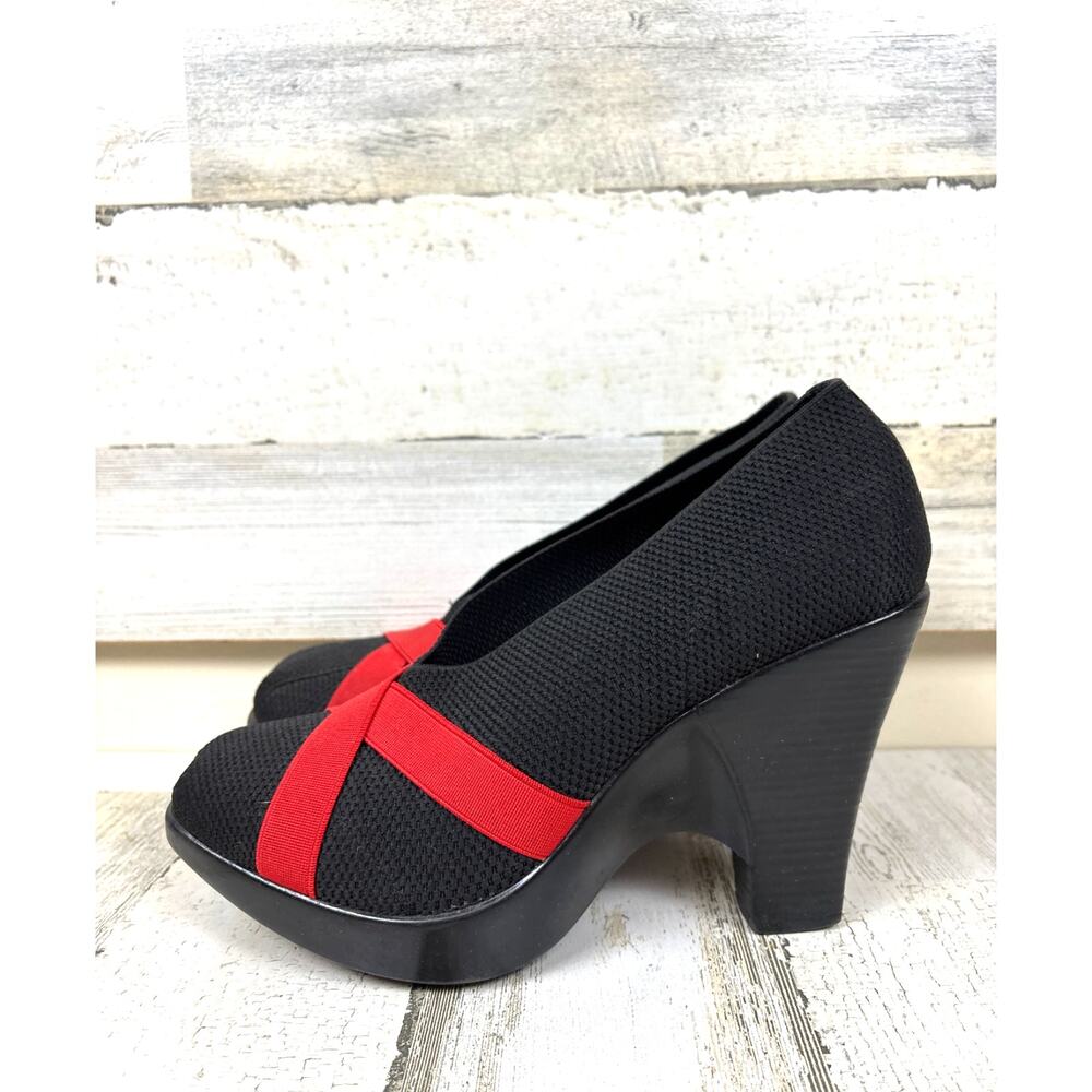 Charleston Shoe Co Womens 9 Black Red Heel Slip-On Baby Doll Heels Platform